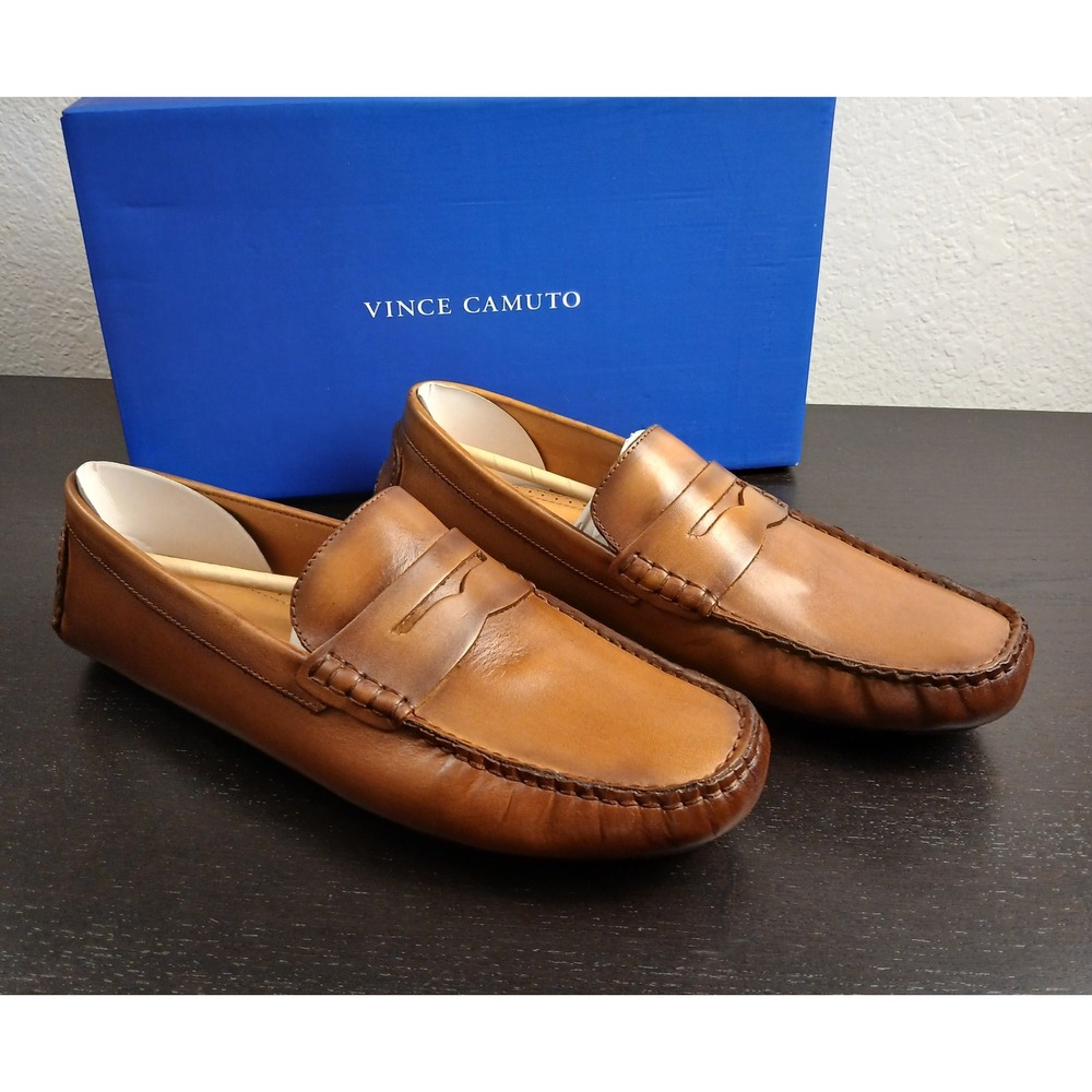 Vince Camuto Vitzroy Men Cognac Burnished Leather Designer Loafers 10.5M NEW